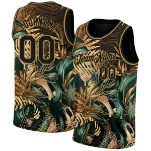 Custom Black Old Gold 3D Pattern Tropical Hawaii Palm Leaves Authentic Basketball Jersey