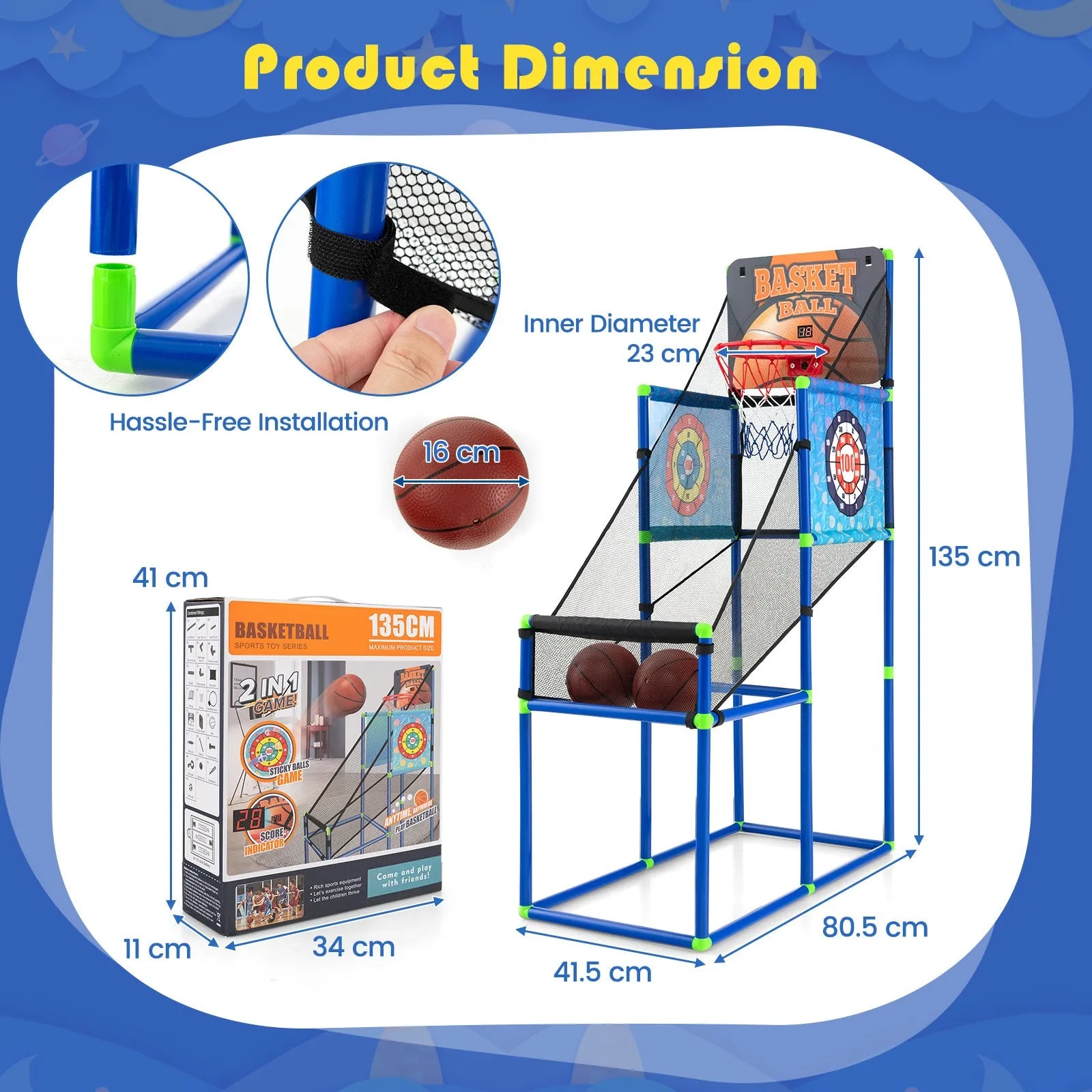 2-in-1 Kids Basketball Arcade Game with Electronic Scoreboard