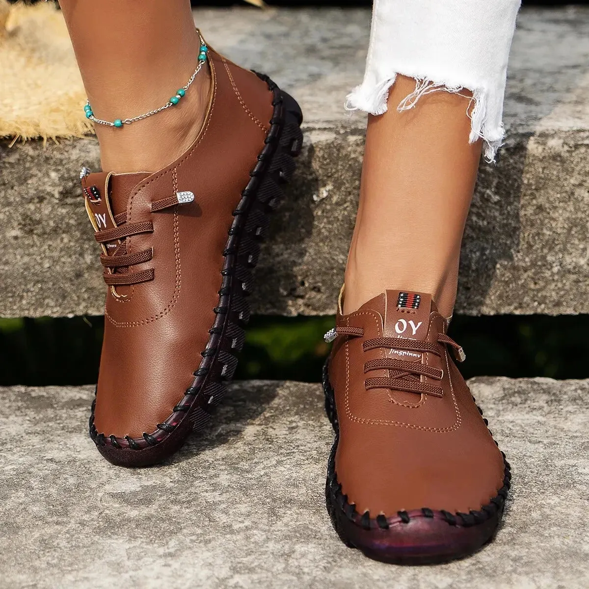 2022 New Spring Casual Women Shoes Platform Loafers 2022 Lace Up Leather Flats Slip-On Mom Shoe Mujer Zapatos Chaussure Femme