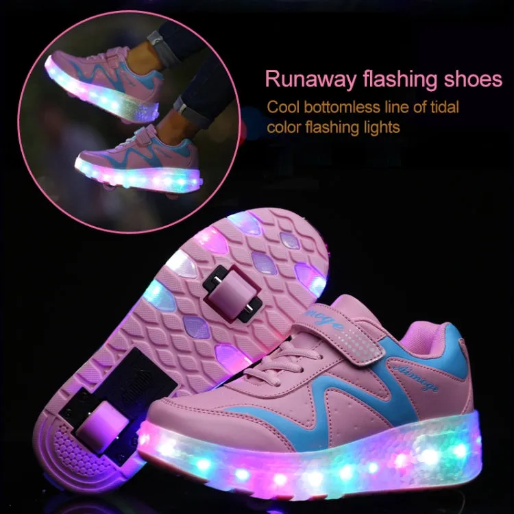 786 LED Light Ultra Light Rechargeable Double Wheel Roller Skating Shoes Sport Shoes, Size : 27(Pink)