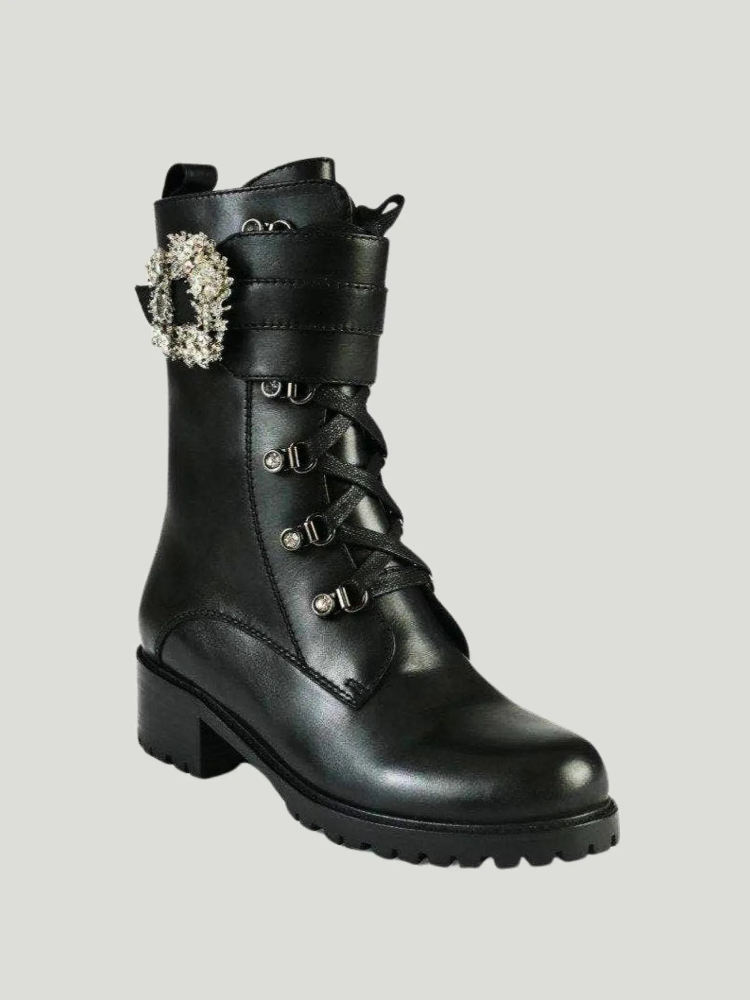 Allegra James Floral Rhinestone Buckle Combat Boot