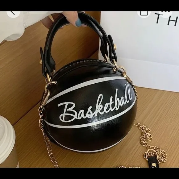 Basketball Shape Handbag - Soft PU Leather Round Crossbody Thick Chain Hand Bags for Women