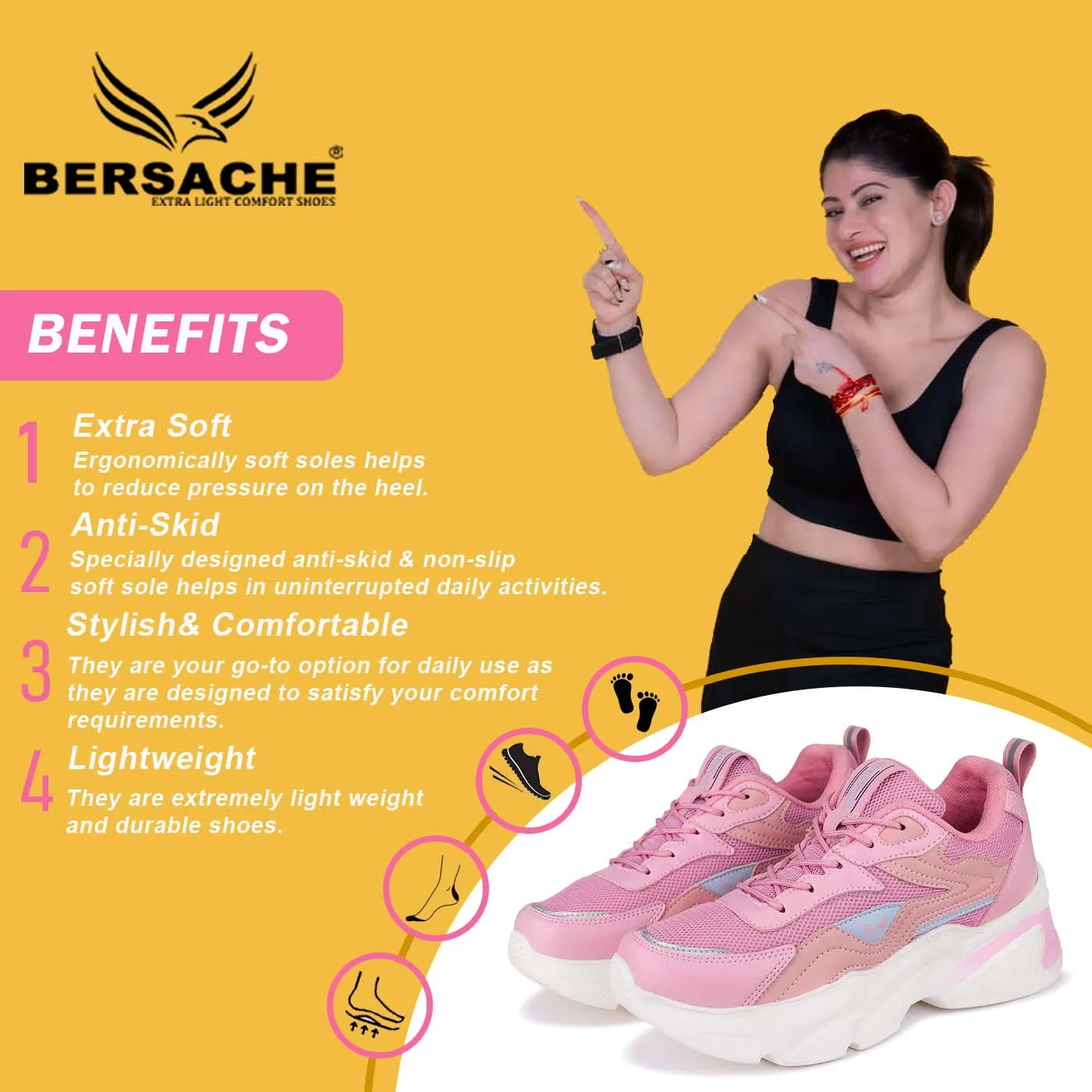 Bersache Premium Sports ,Gym, Trending Stylish Running shoes for Women (9128-Pink)