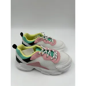 Big Kid/Youth Size 2, White Sneakers, with Black, Teal, Pink and Yellow Accents