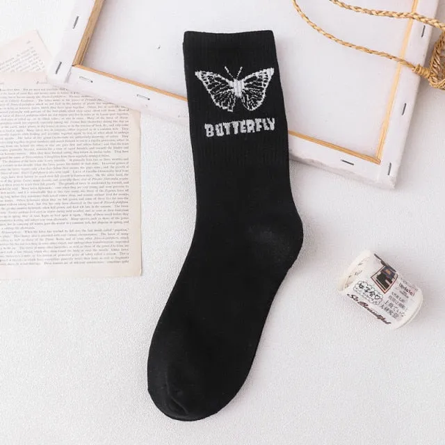 Black White Butterfly Long Socks | Women Happy Socks | Minimalist Korean Style Socks | Women Streetwear Socks | Butterfly Print Casual Socks