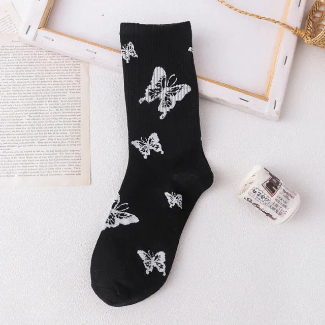 Black White Butterfly Long Socks | Women Happy Socks | Minimalist Korean Style Socks | Women Streetwear Socks | Butterfly Print Casual Socks