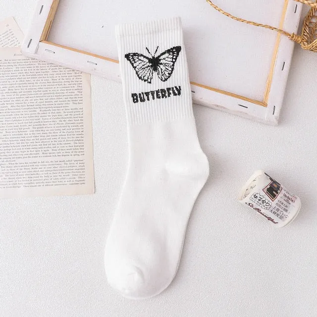 Black White Butterfly Long Socks | Women Happy Socks | Minimalist Korean Style Socks | Women Streetwear Socks | Butterfly Print Casual Socks