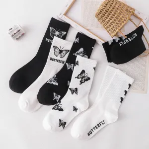 Black White Butterfly Long Socks | Women Happy Socks | Minimalist Korean Style Socks | Women Streetwear Socks | Butterfly Print Casual Socks