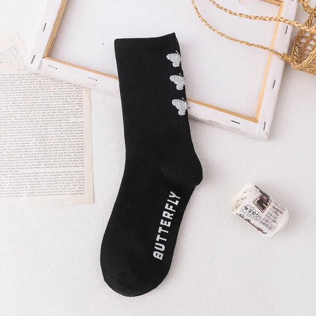 Black White Butterfly Long Socks | Women Happy Socks | Minimalist Korean Style Socks | Women Streetwear Socks | Butterfly Print Casual Socks