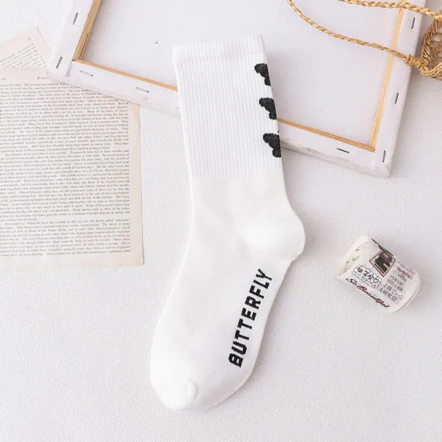 Black White Butterfly Long Socks | Women Happy Socks | Minimalist Korean Style Socks | Women Streetwear Socks | Butterfly Print Casual Socks