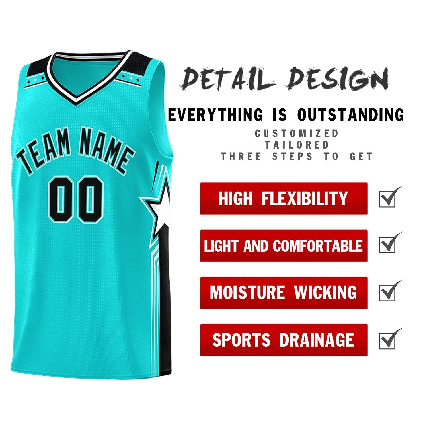 Custom Aqua Black Star Graffiti Pattern Sports Uniform Basketball Jersey