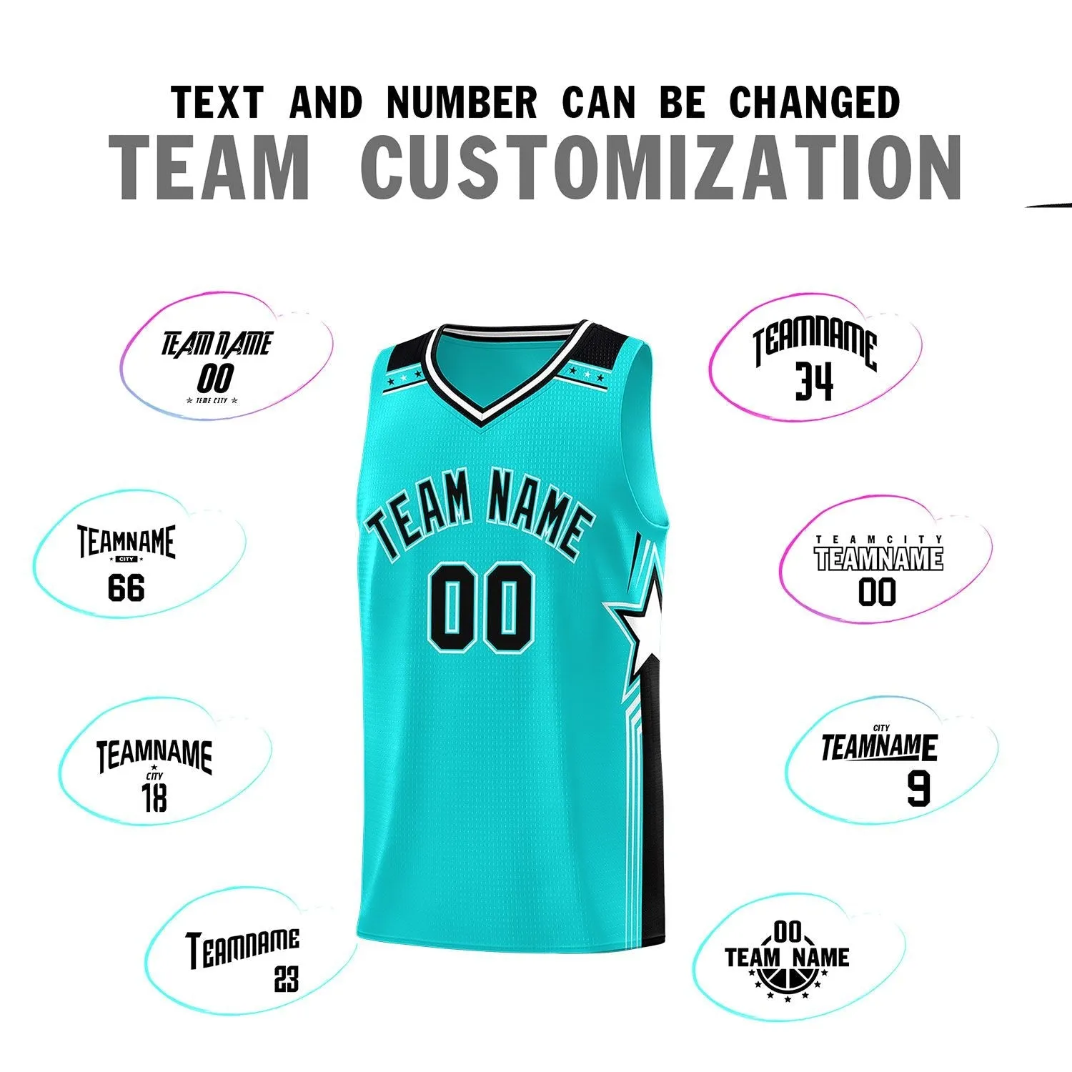 Custom Aqua Black Star Graffiti Pattern Sports Uniform Basketball Jersey