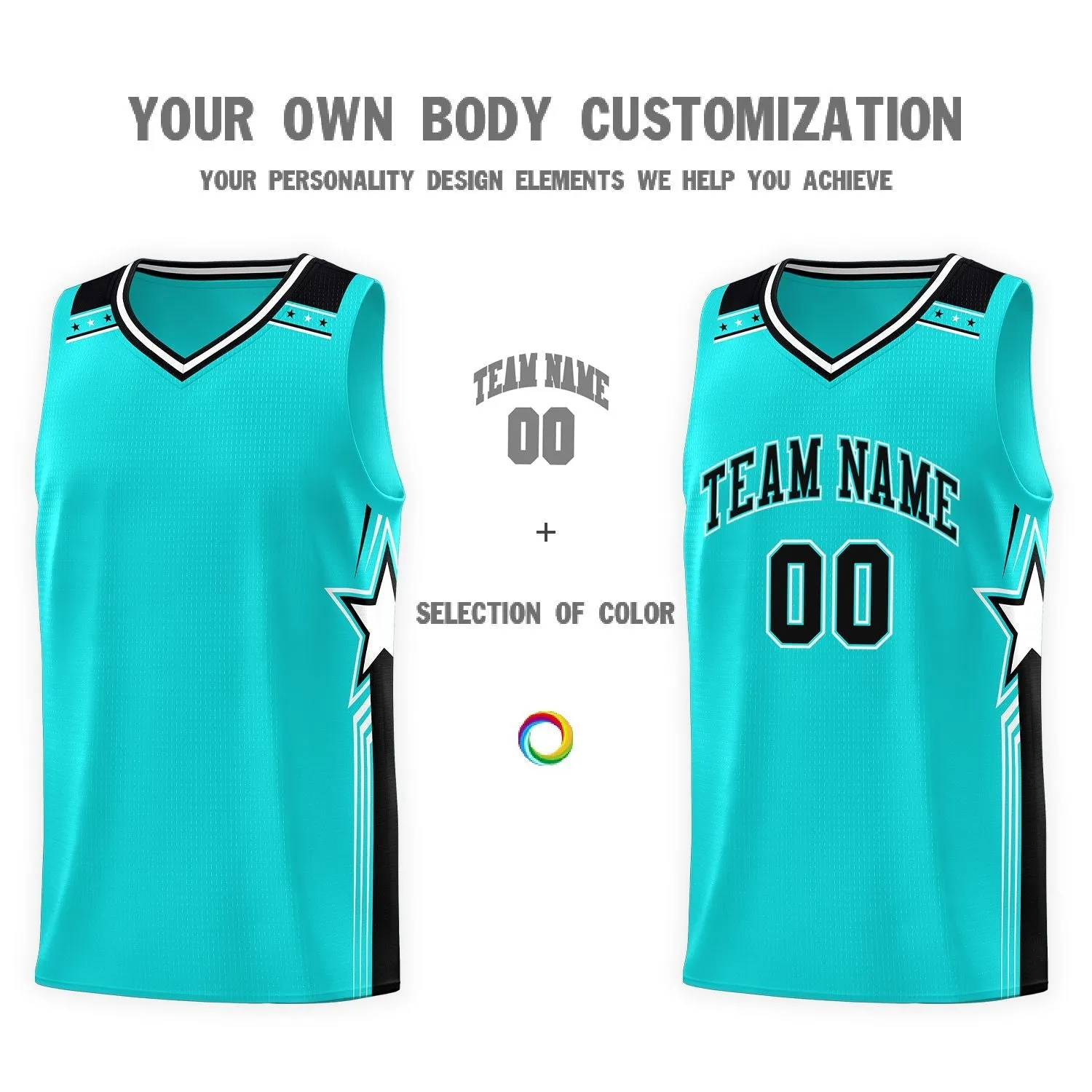 Custom Aqua Black Star Graffiti Pattern Sports Uniform Basketball Jersey