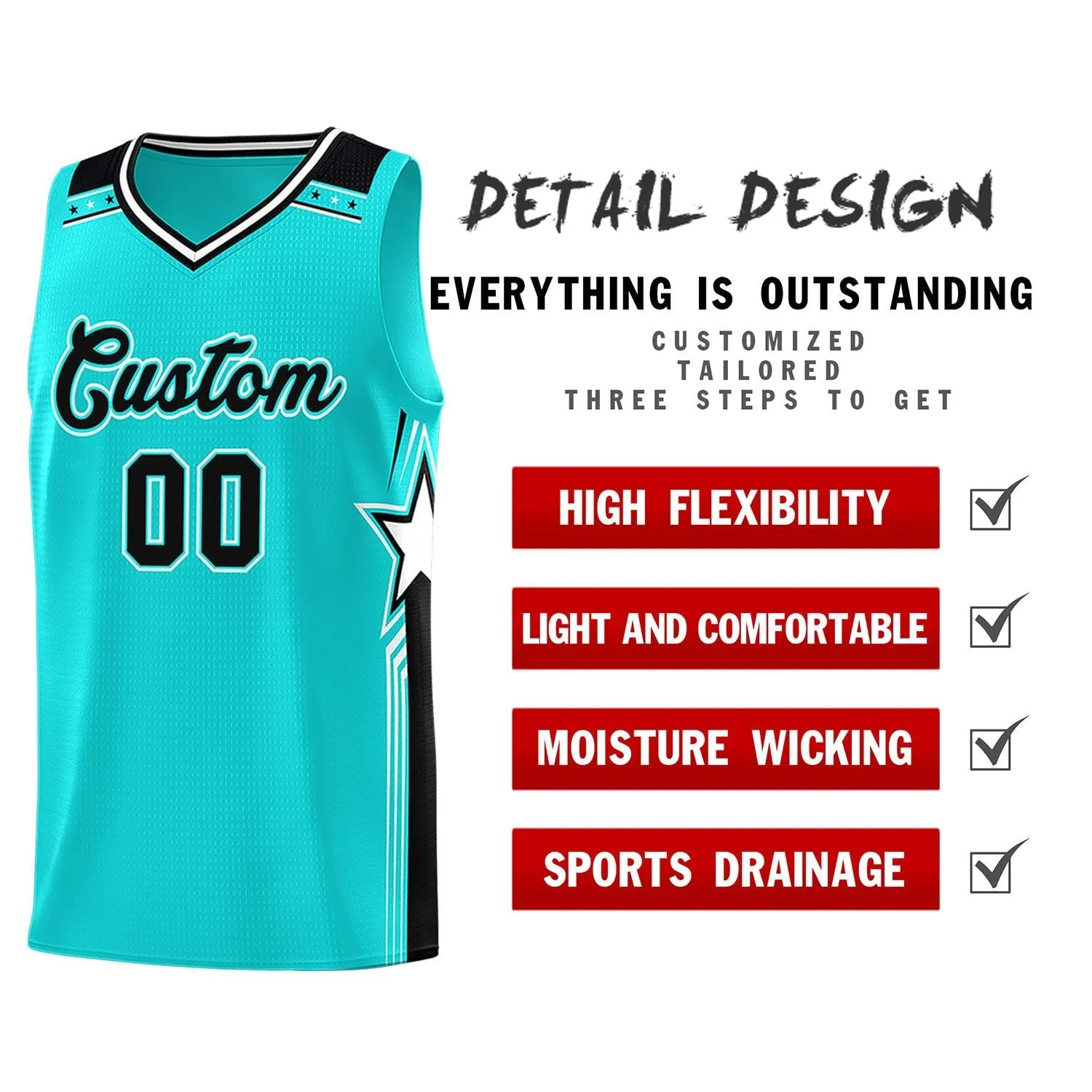 Custom Aqua Black Star Graffiti Pattern Sports Uniform Basketball Jersey