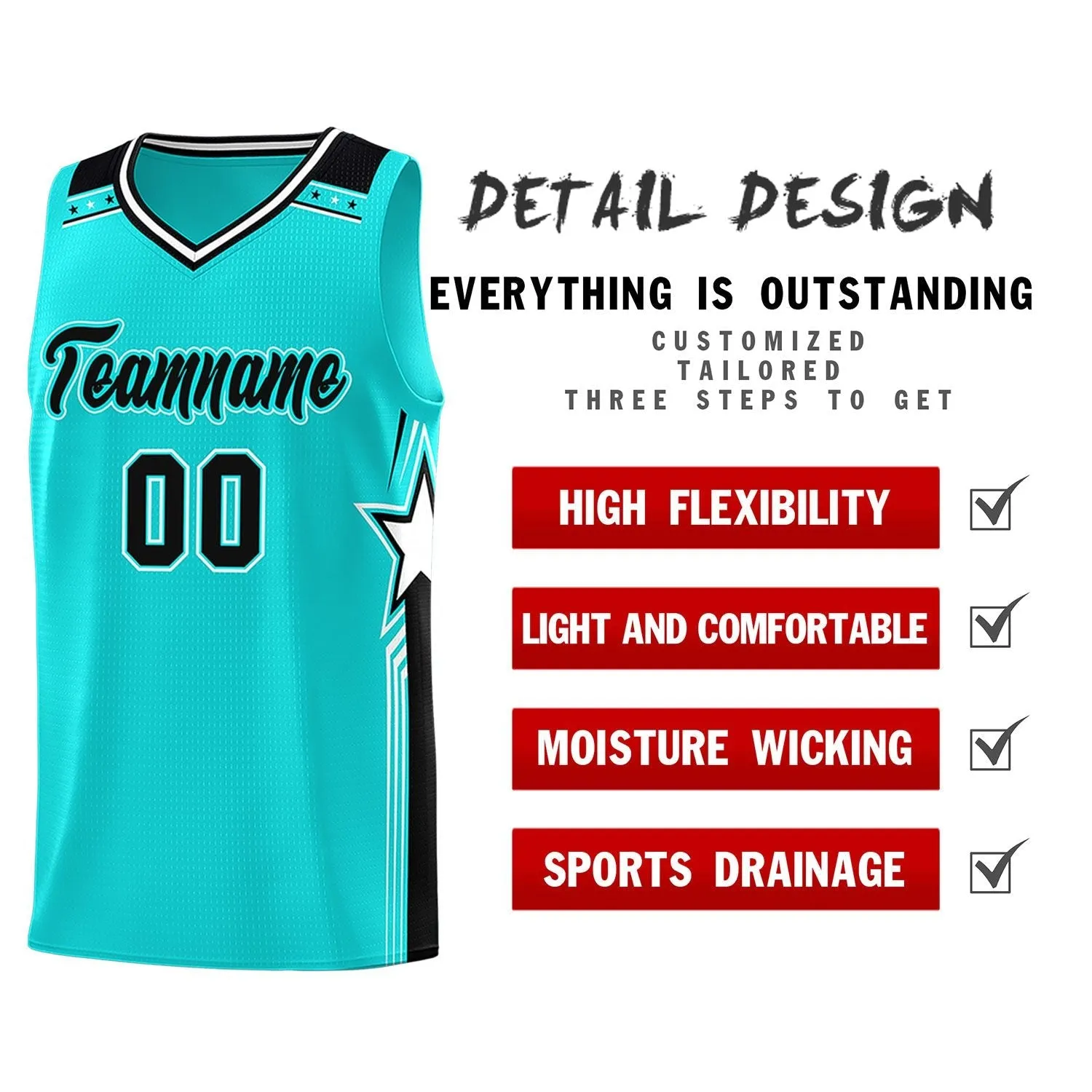 Custom Aqua Black Star Graffiti Pattern Sports Uniform Basketball Jersey