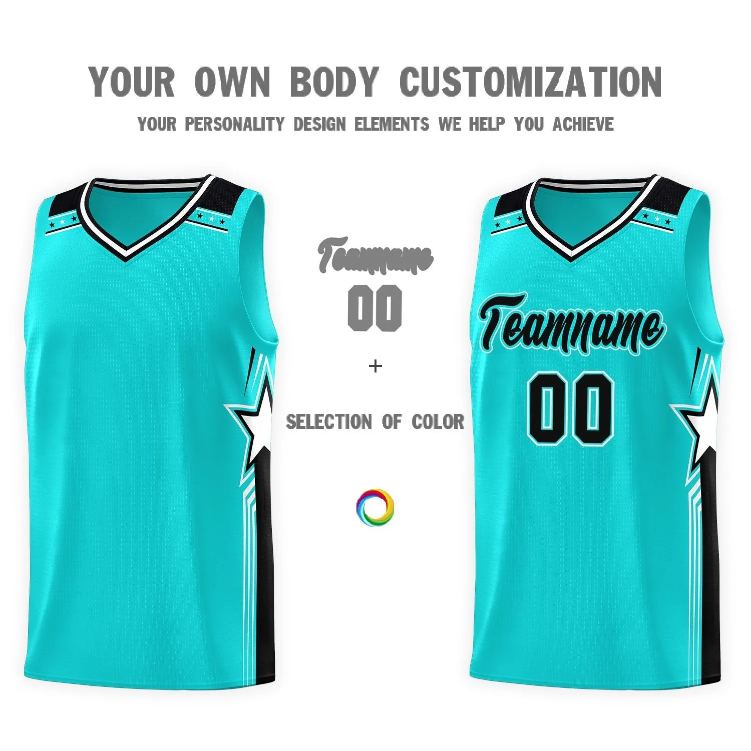 Custom Aqua Black Star Graffiti Pattern Sports Uniform Basketball Jersey