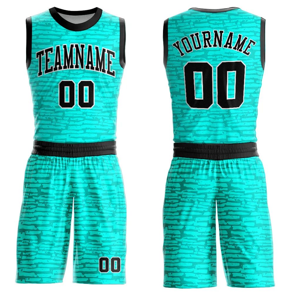 Custom Aqua Black-White Round Neck Sublimation Basketball Suit Jersey