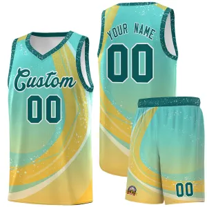 Custom Aqua Gold Personalized Galaxy Graffiti Pattern Sports Uniform Basketball Jersey