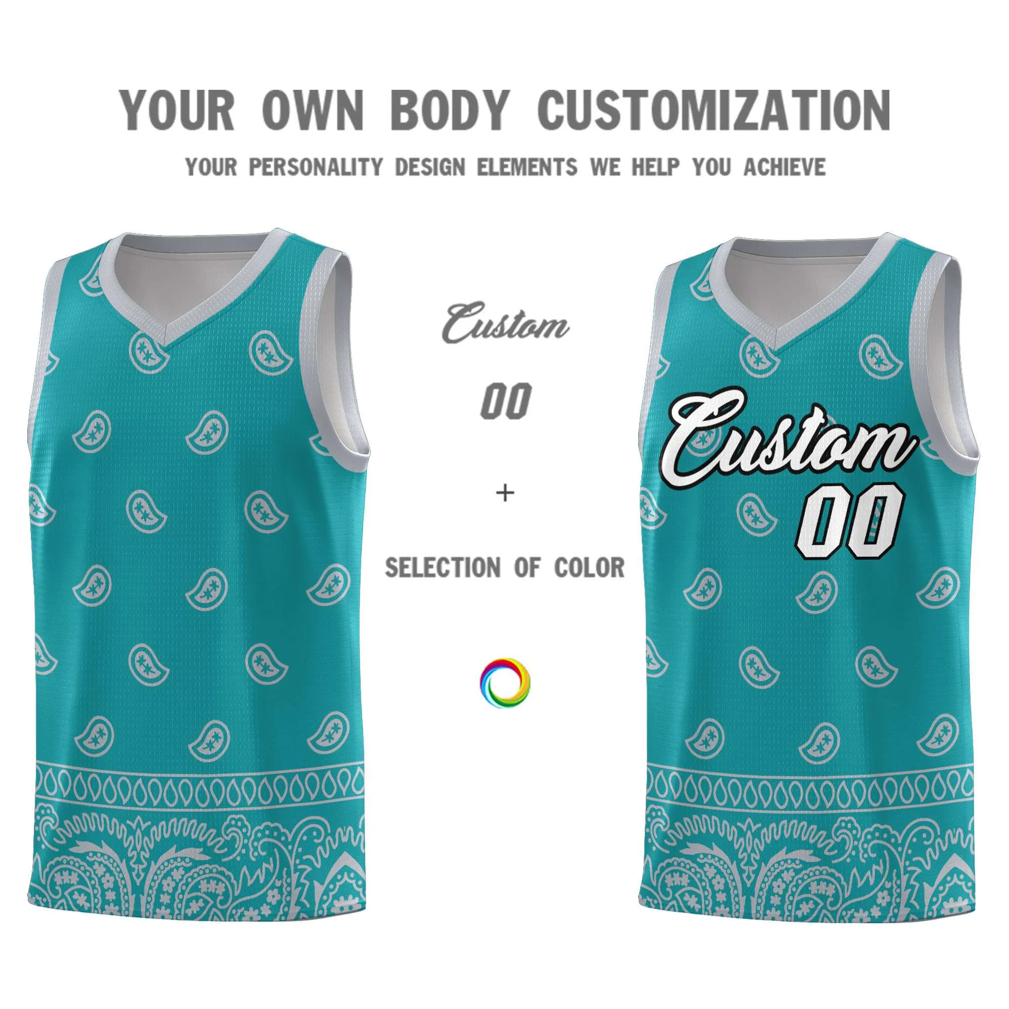 Custom Aqua Gray Personalized Cashew Pattern Sports Uniform Basketball Jersey