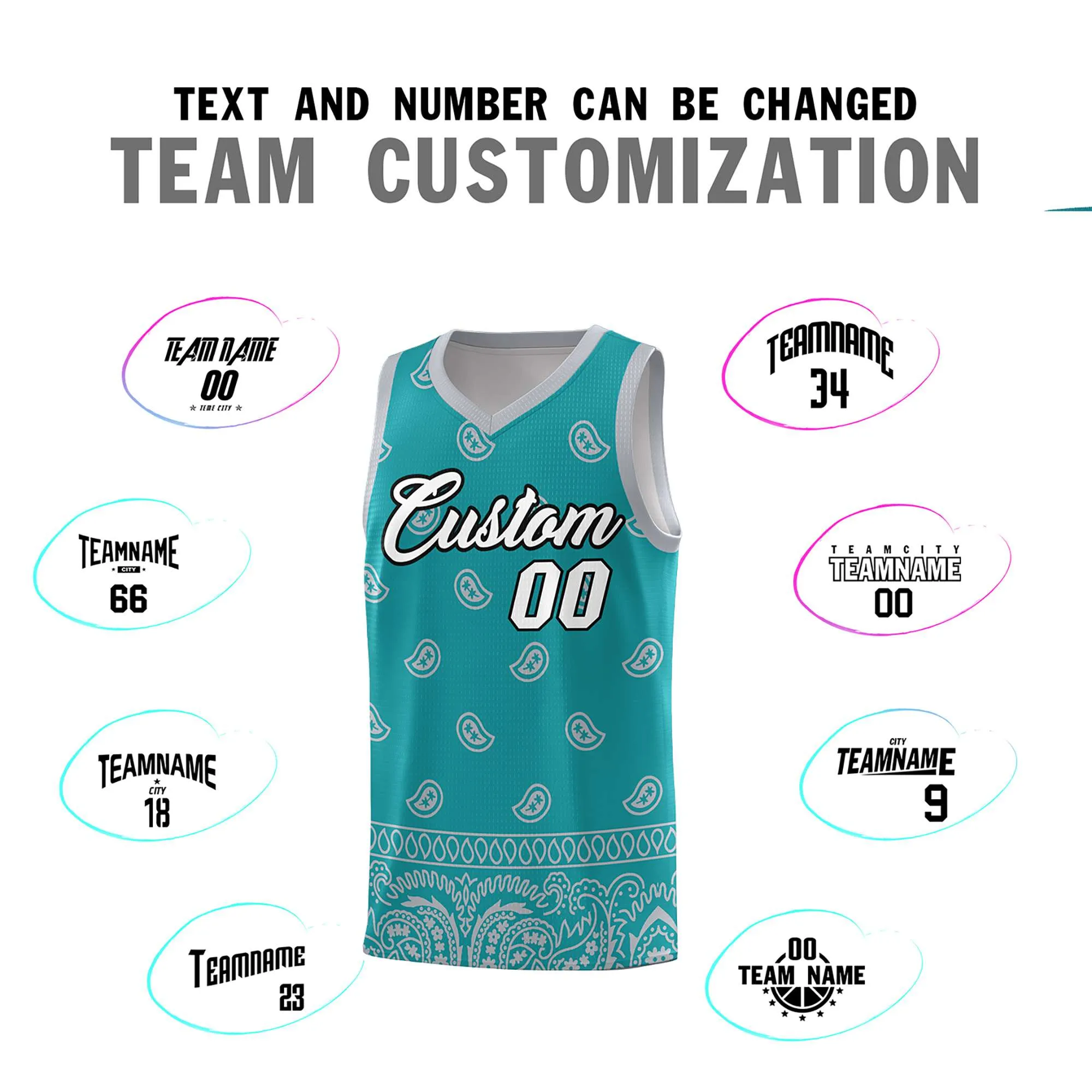 Custom Aqua Gray Personalized Cashew Pattern Sports Uniform Basketball Jersey