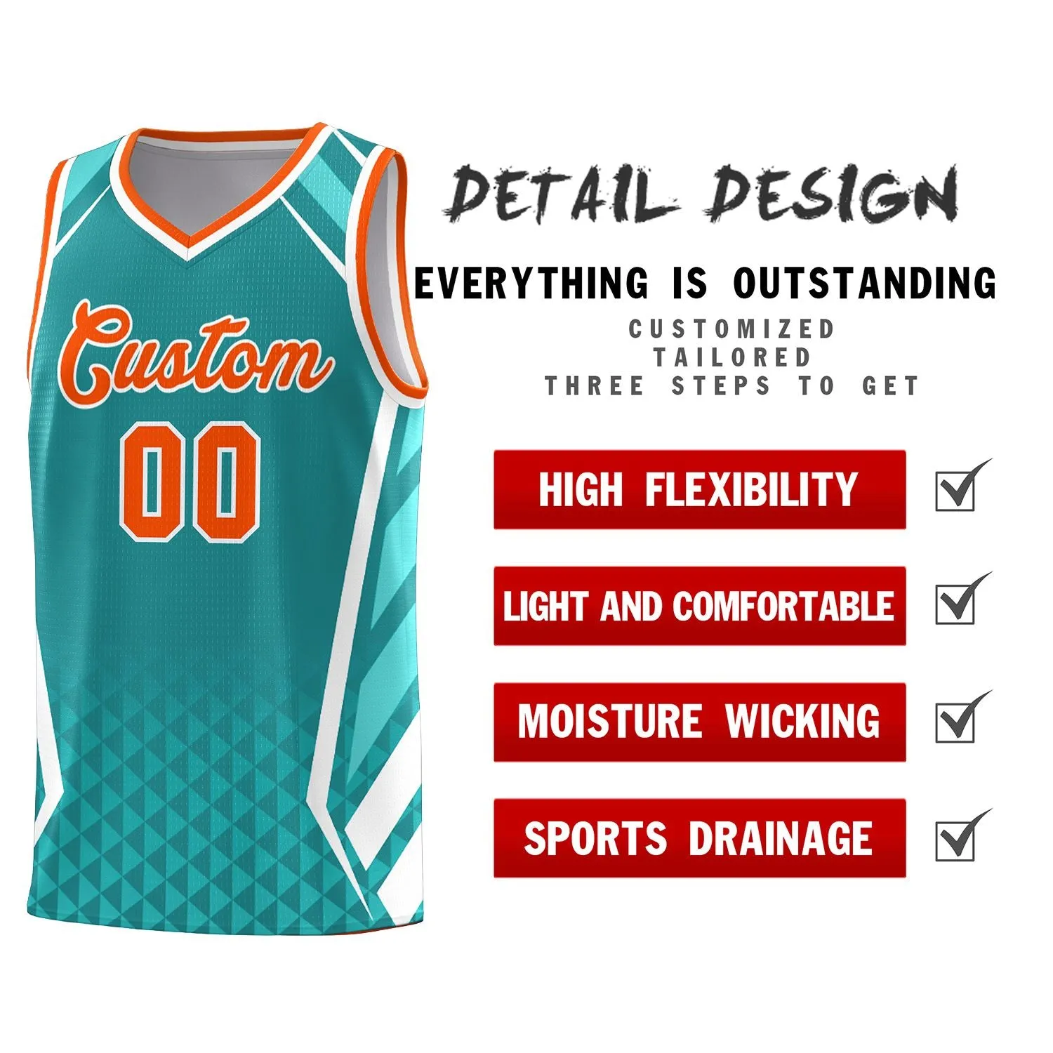 Custom Aqua Orange Diamond Pattern Side Slash Sports Uniform Basketball Jersey