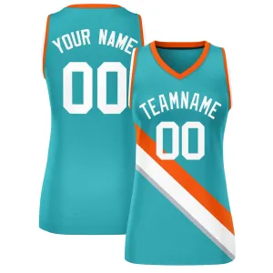 Custom Aqua Orange-White Thick Slash Fashion Tops Mesh Basketball Jersey For Women