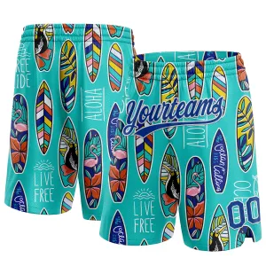 Custom Aqua Royal-White 3D Pattern Tropical Hawaii Palm Leaves Beach Surfing Authentic Basketball Shorts