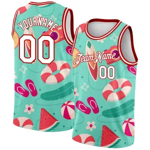 Custom Aqua White-Red 3D Pattern Tropical Hawaii Beach Authentic Basketball Jersey