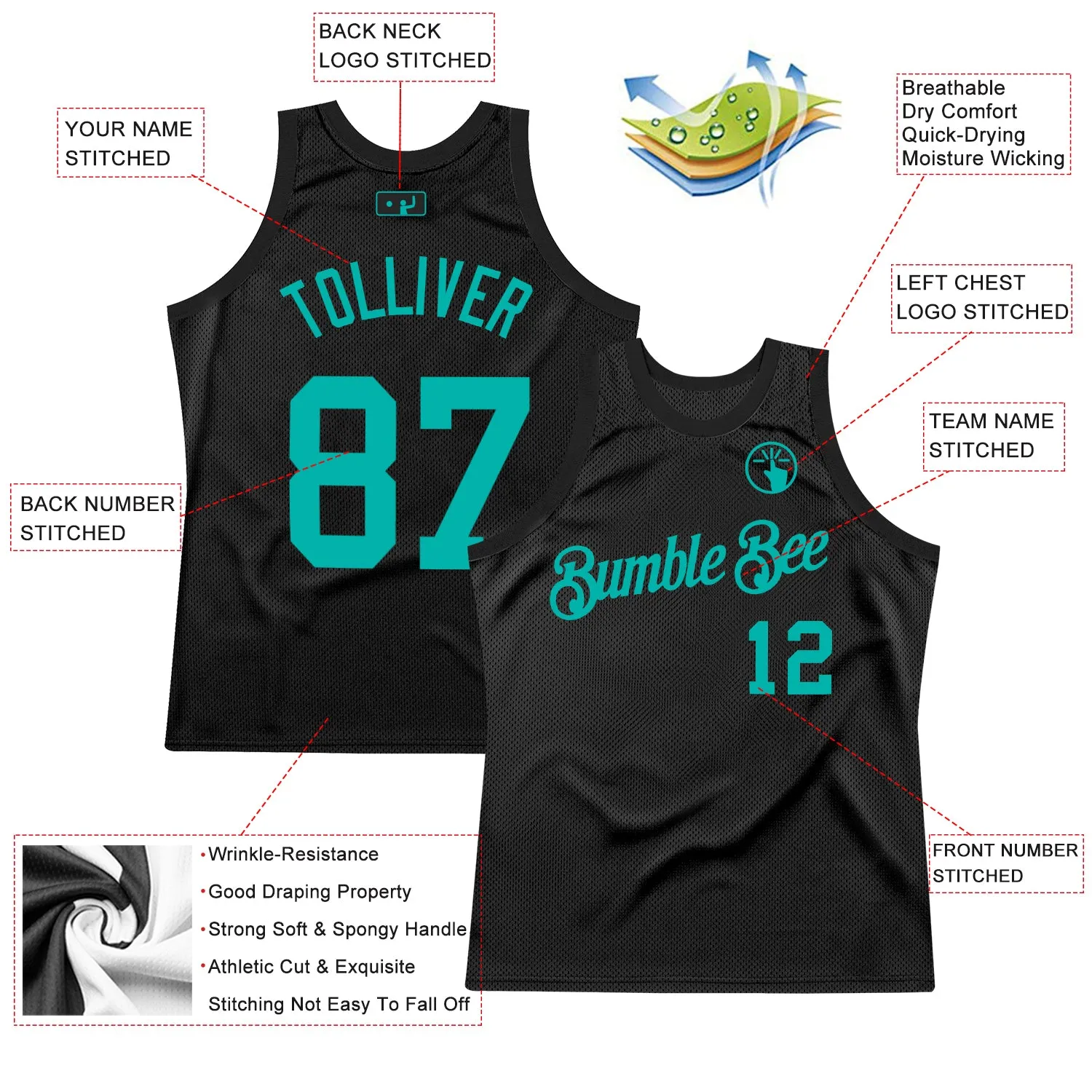 Custom Black Aqua Authentic Throwback Basketball Jersey