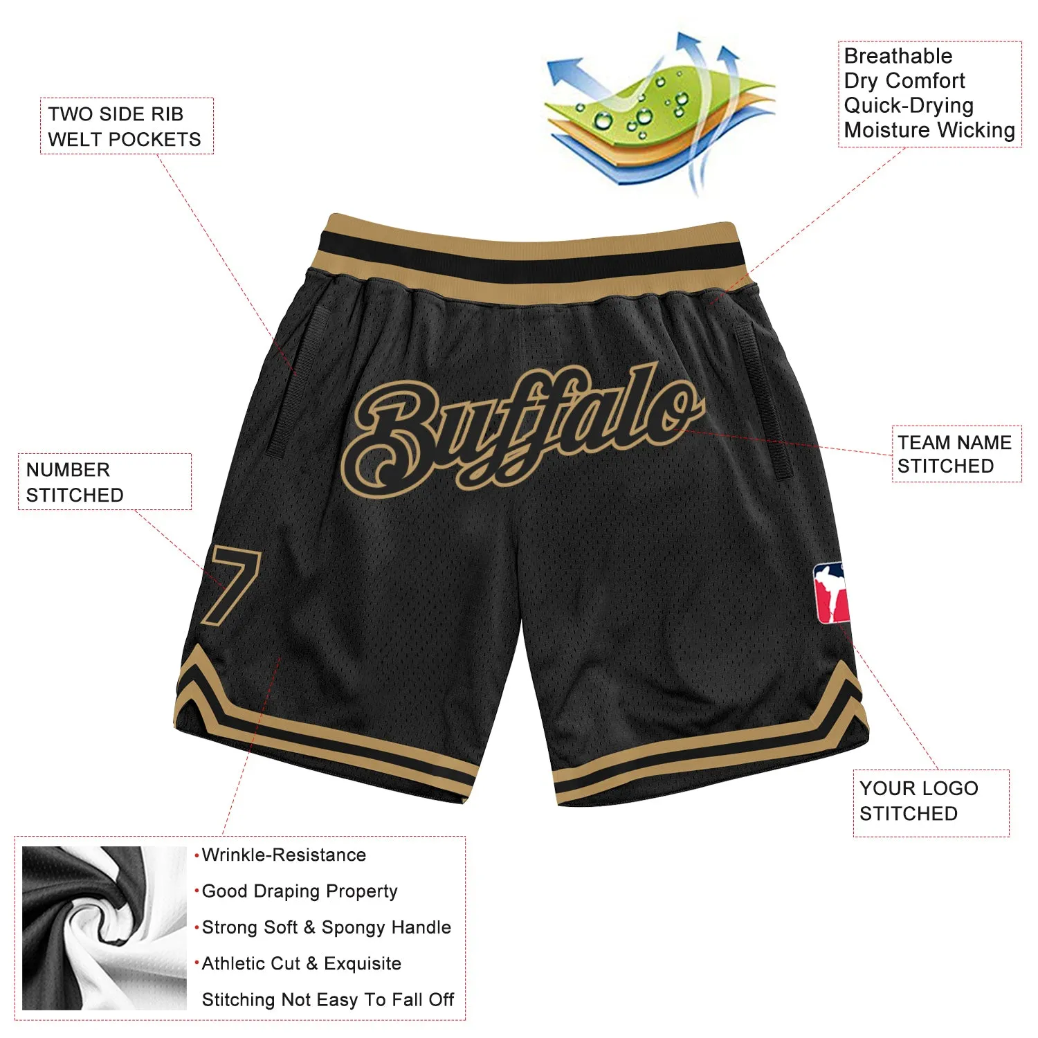 Custom Black Black-Old Gold Authentic Throwback Basketball Shorts