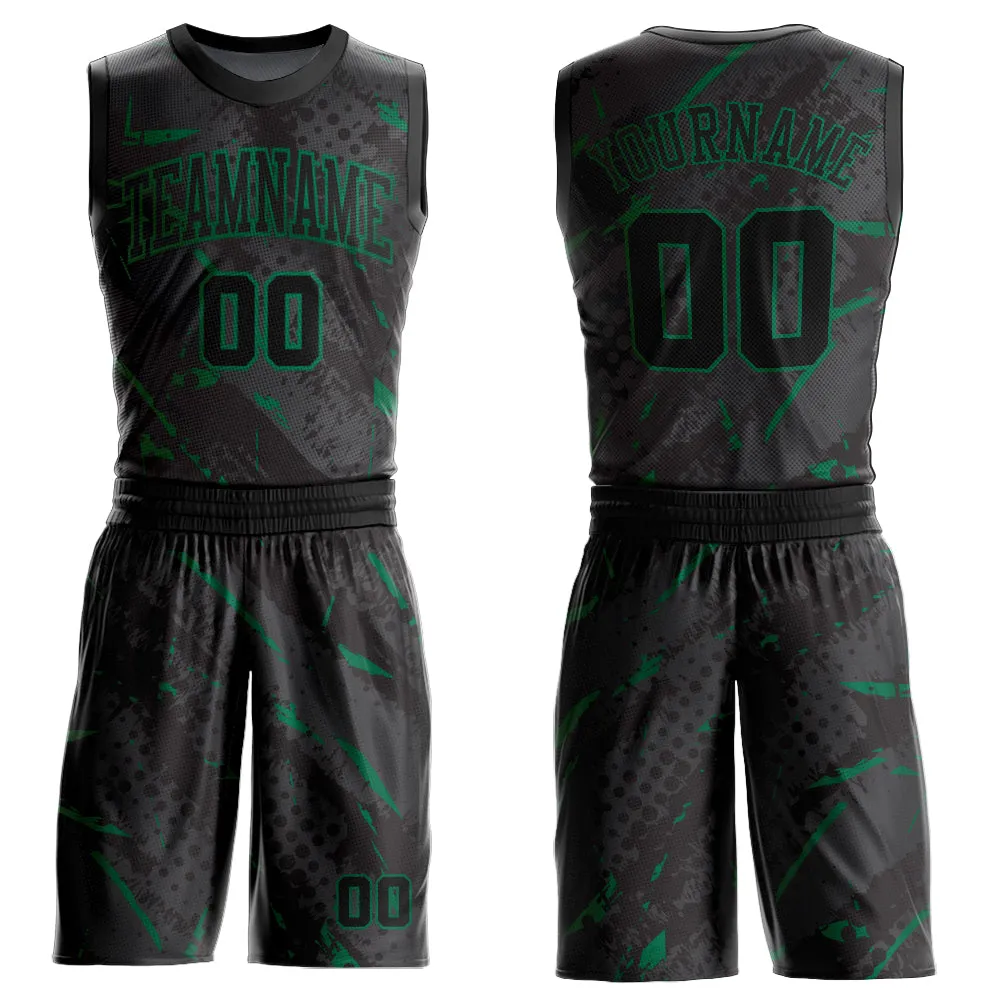 Custom Black Kelly Green Bright Lines Round Neck Sublimation Basketball Suit Jersey