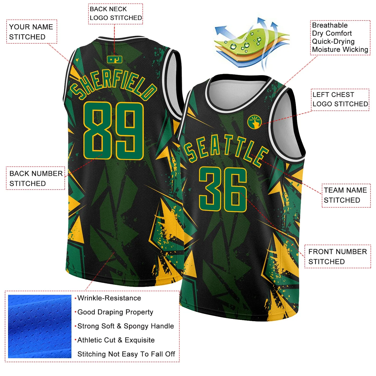 Custom Black Kelly Green-Gold 3D Pattern Design Geometric Shapes Authentic Basketball Jersey