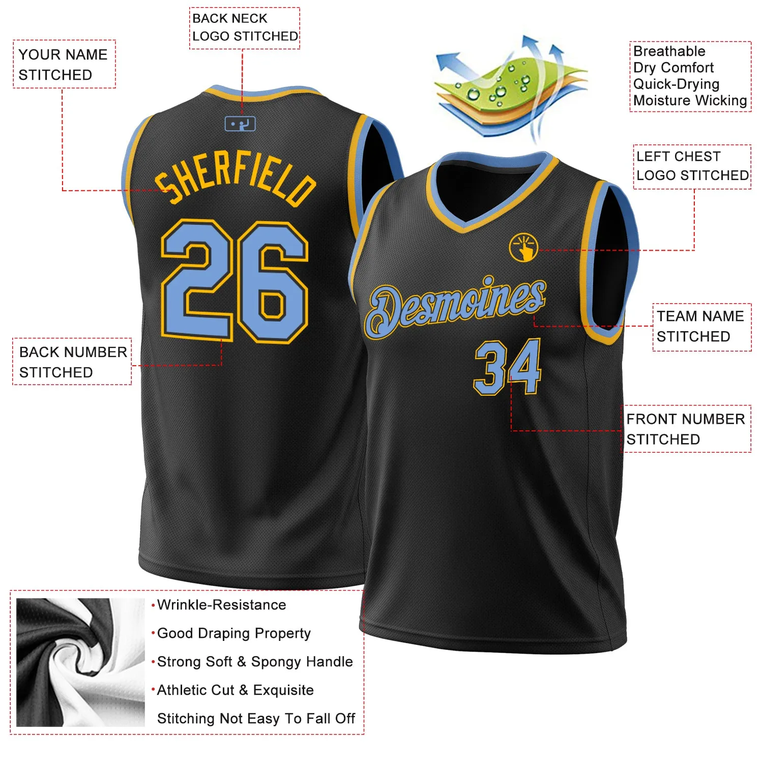 Custom Black Light Blue-Gold Authentic Throwback Basketball Jersey