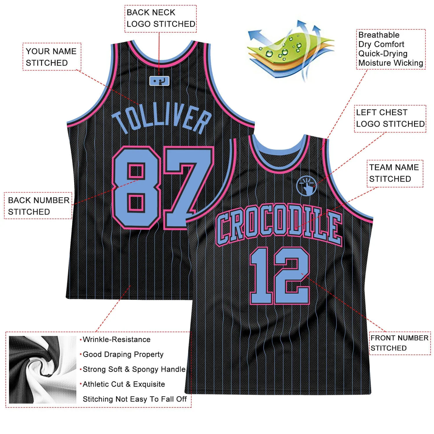 Custom Black Light Blue Pinstripe Light Blue-Pink Authentic Basketball Jersey