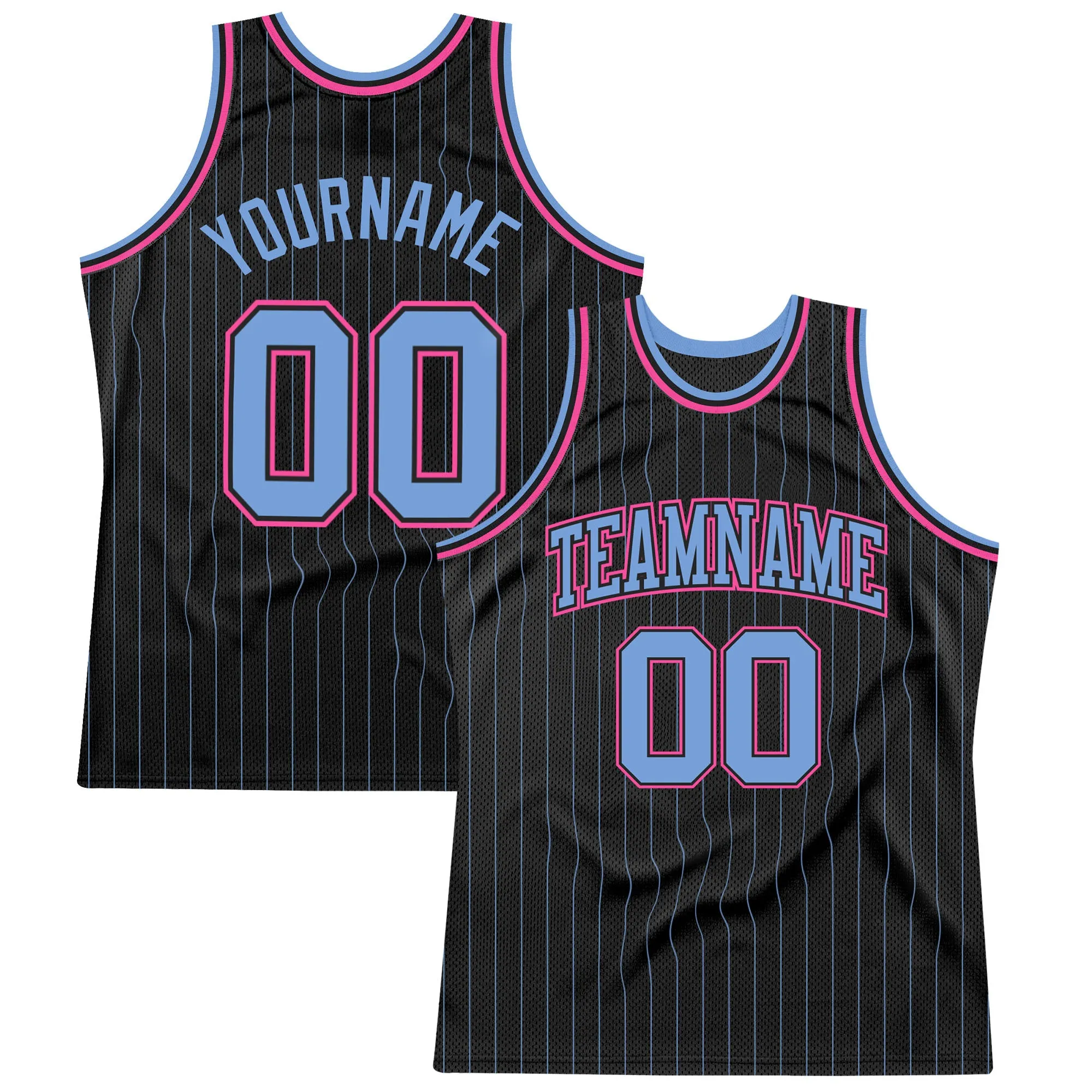 Custom Black Light Blue Pinstripe Light Blue-Pink Authentic Basketball Jersey