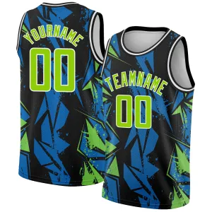 Custom Black Neon Green-Blue 3D Pattern Design Geometric Shapes Authentic Basketball Jersey