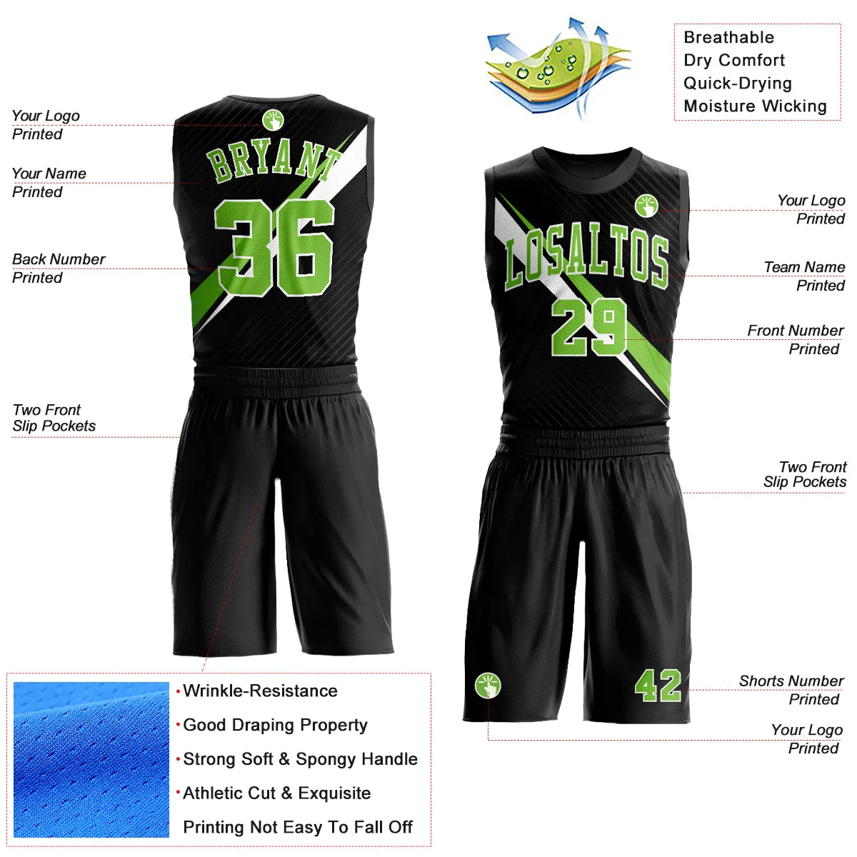 Custom Black Neon Green-White Diagonal Lines Round Neck Sublimation Basketball Suit Jersey