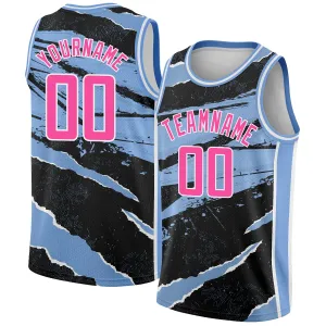 Custom Black Pink-Light Blue 3D Pattern Design Torn Paper Style Authentic Basketball Jersey