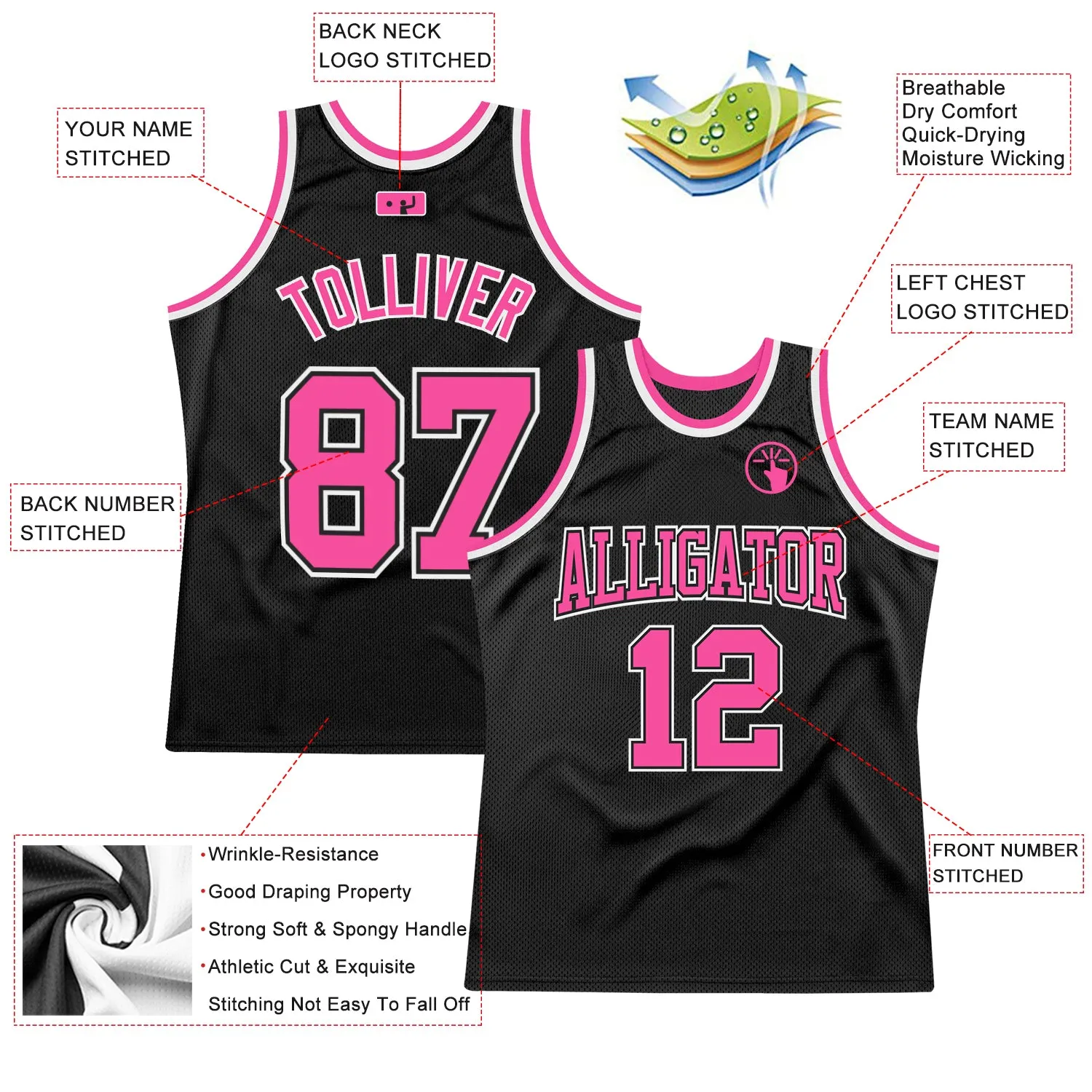 Custom Black Pink-White Authentic Throwback Basketball Jersey