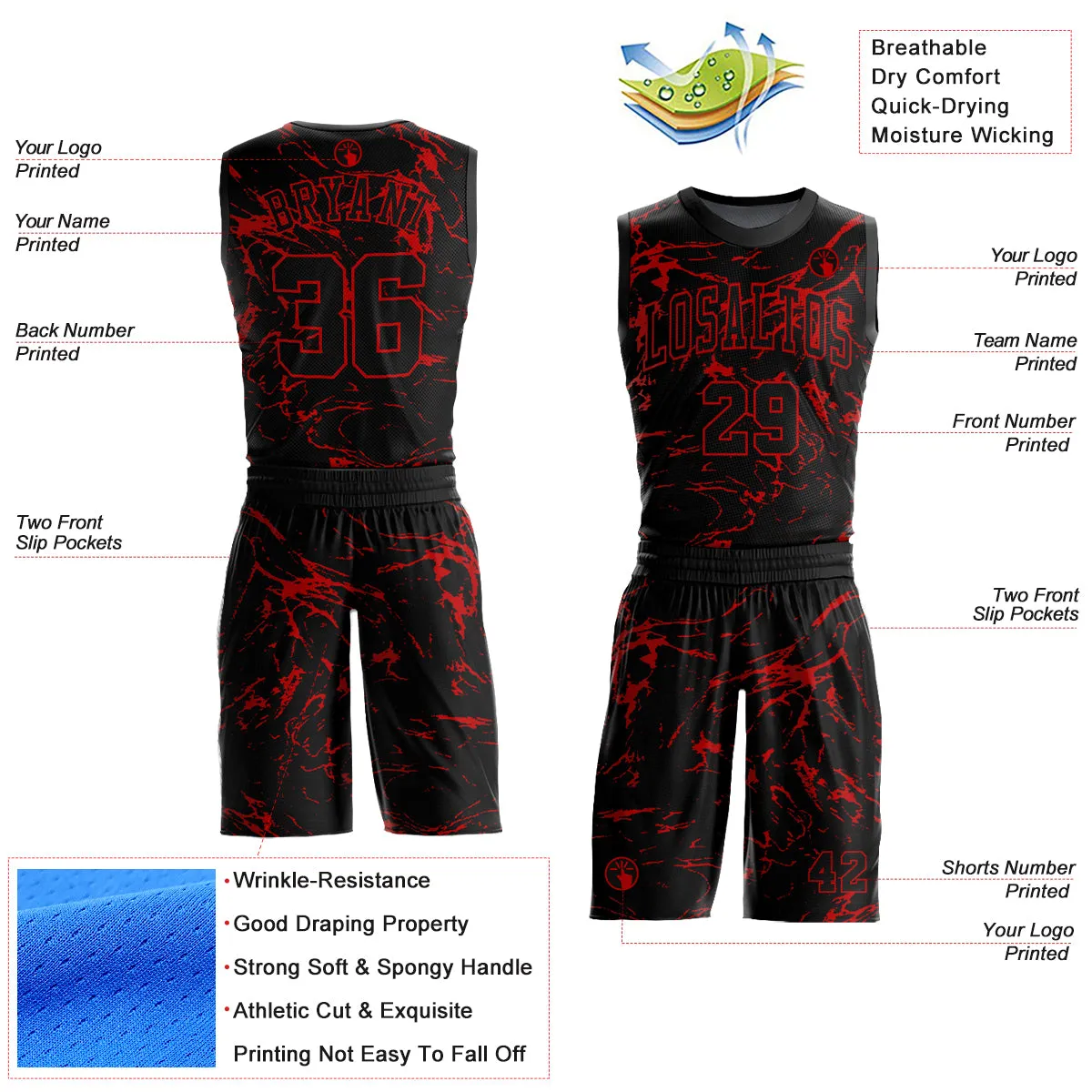 Custom Black Red Abstract Grunge Art Round Neck Sublimation Basketball Suit Jersey