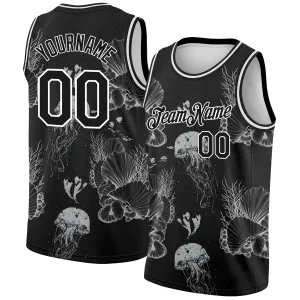 Custom Black White 3D Pattern Design Jellyfishes And Seashells Authentic Basketball Jersey