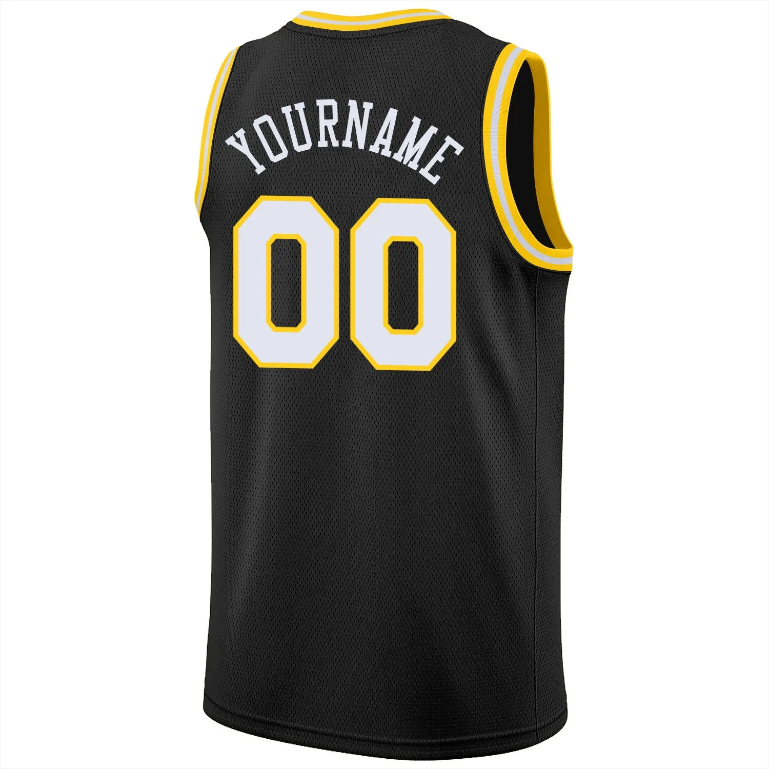 Custom Black White-Gold Round Neck Rib-Knit Basketball Jersey