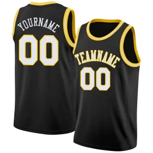 Custom Black White-Gold Round Neck Rib-Knit Basketball Jersey