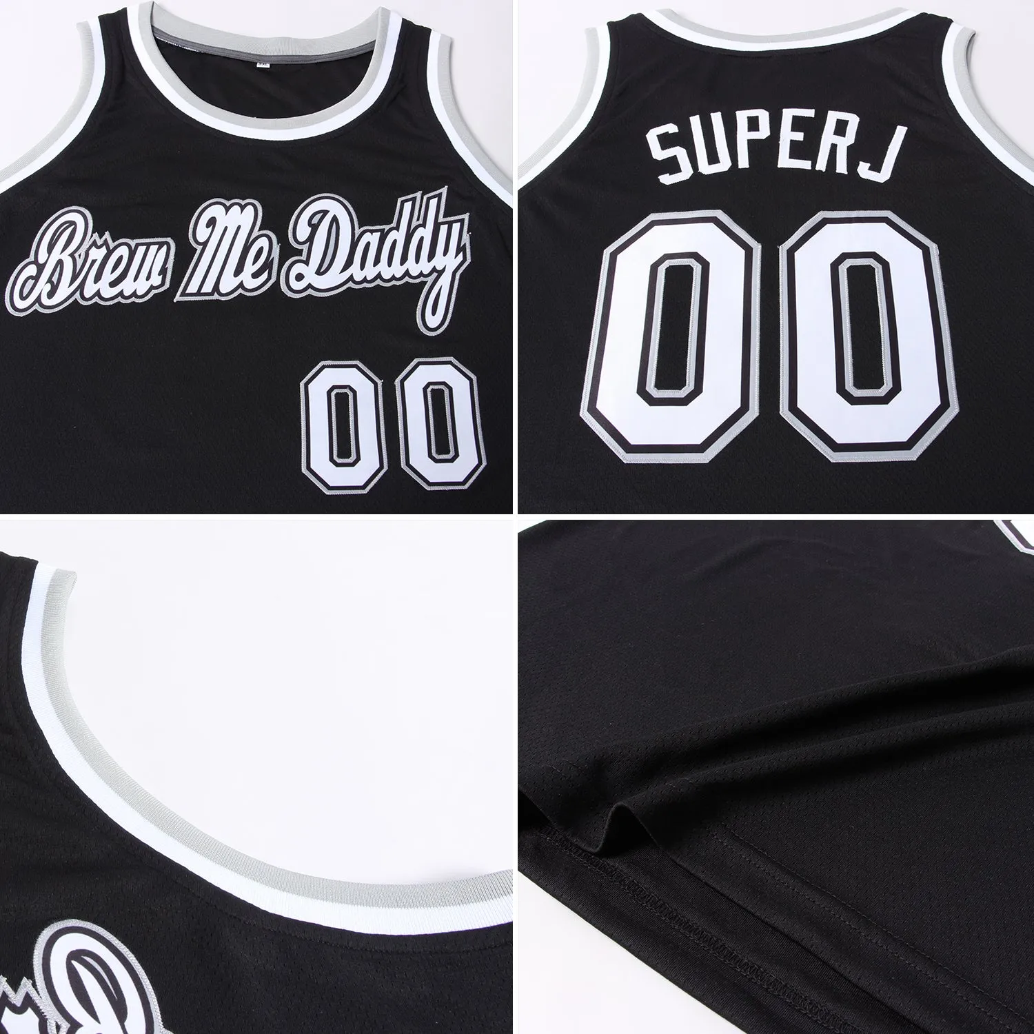 Custom Black White-Gray Round Neck Rib-Knit Basketball Jersey