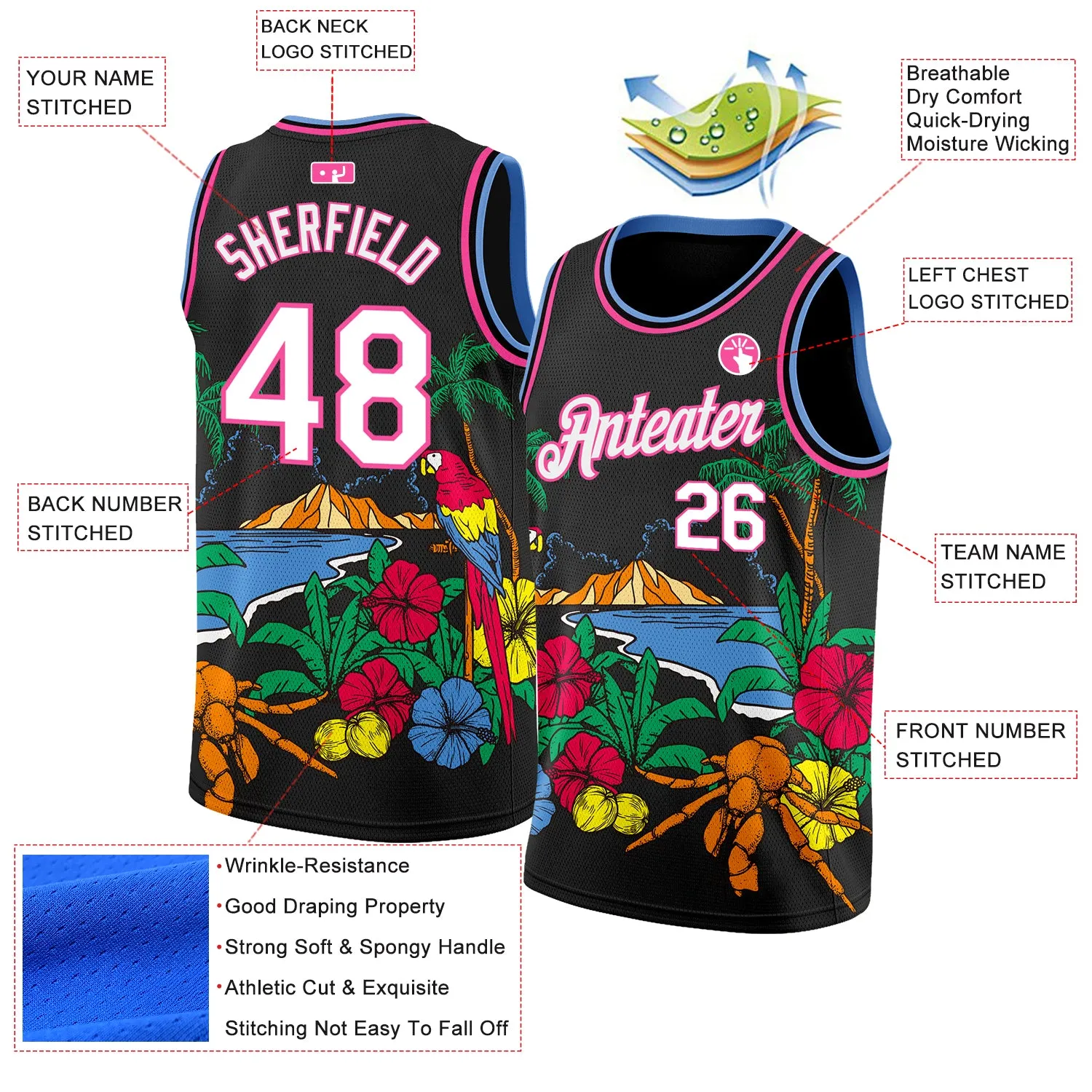 Custom Black White Pink-Light Blue 3D Pattern Tropical Beach Hawaii Palm Trees Authentic Basketball Jersey