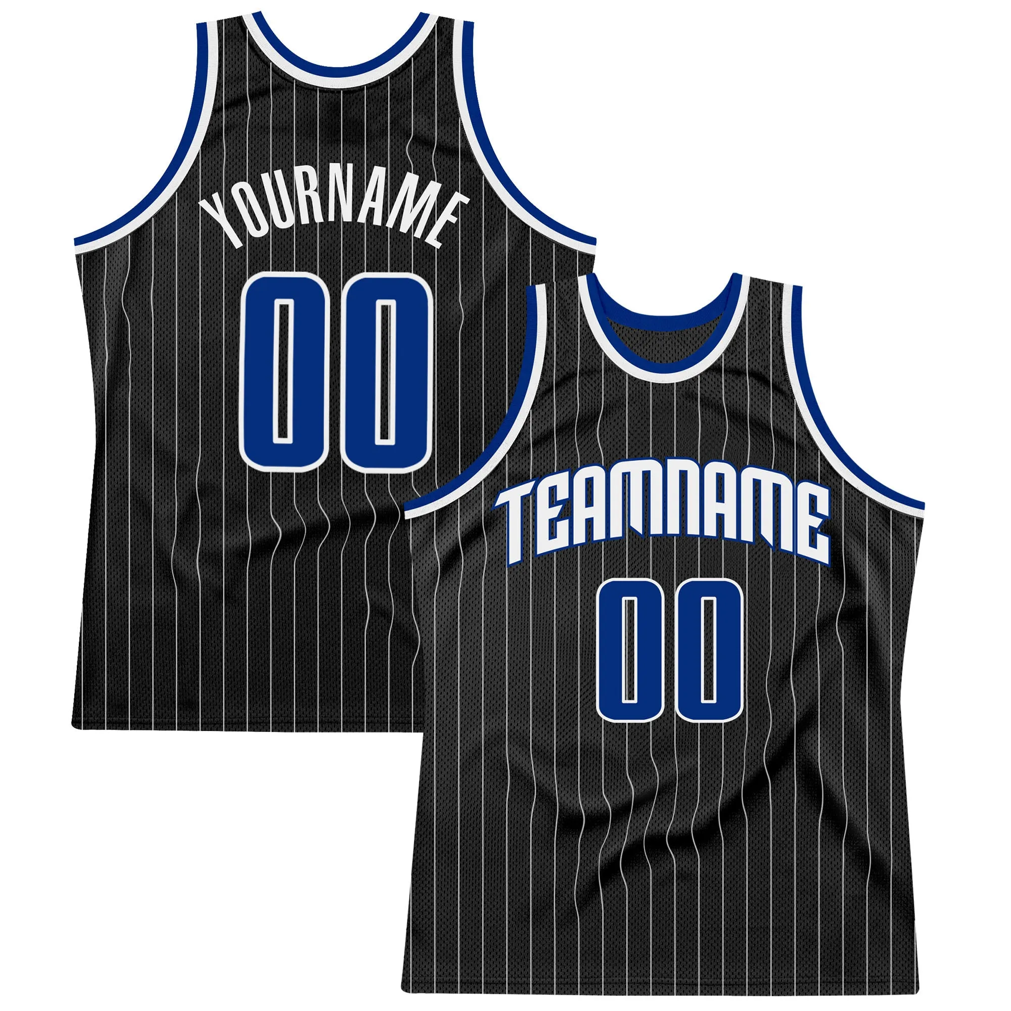 Custom Black White Pinstripe Royal-White Authentic Basketball Jersey