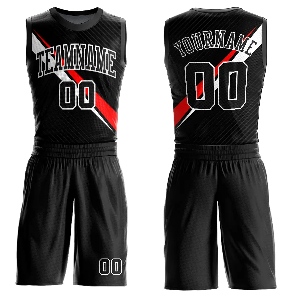 Custom Black White-Red Diagonal Lines Round Neck Sublimation Basketball Suit Jersey