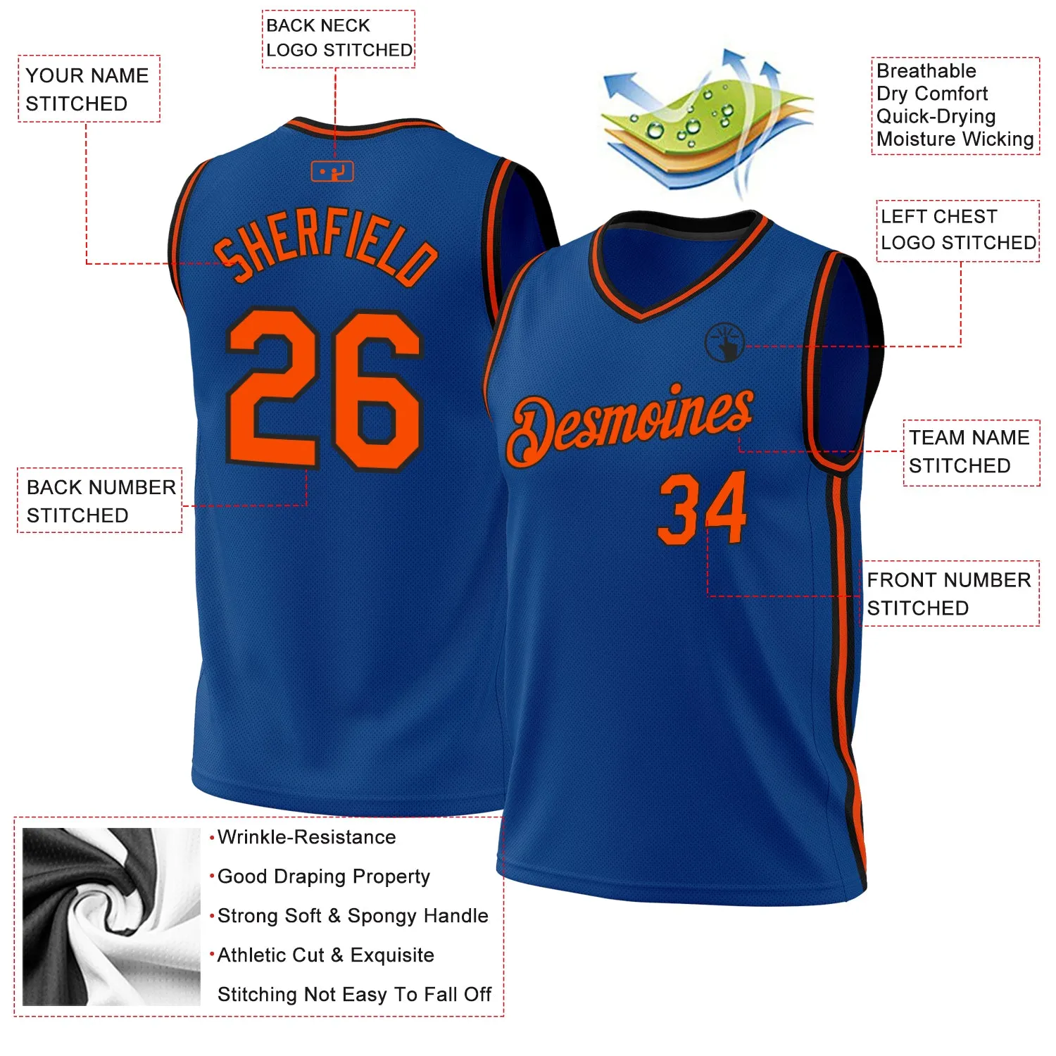 Custom Blue Orange-Black Authentic Throwback Basketball Jersey