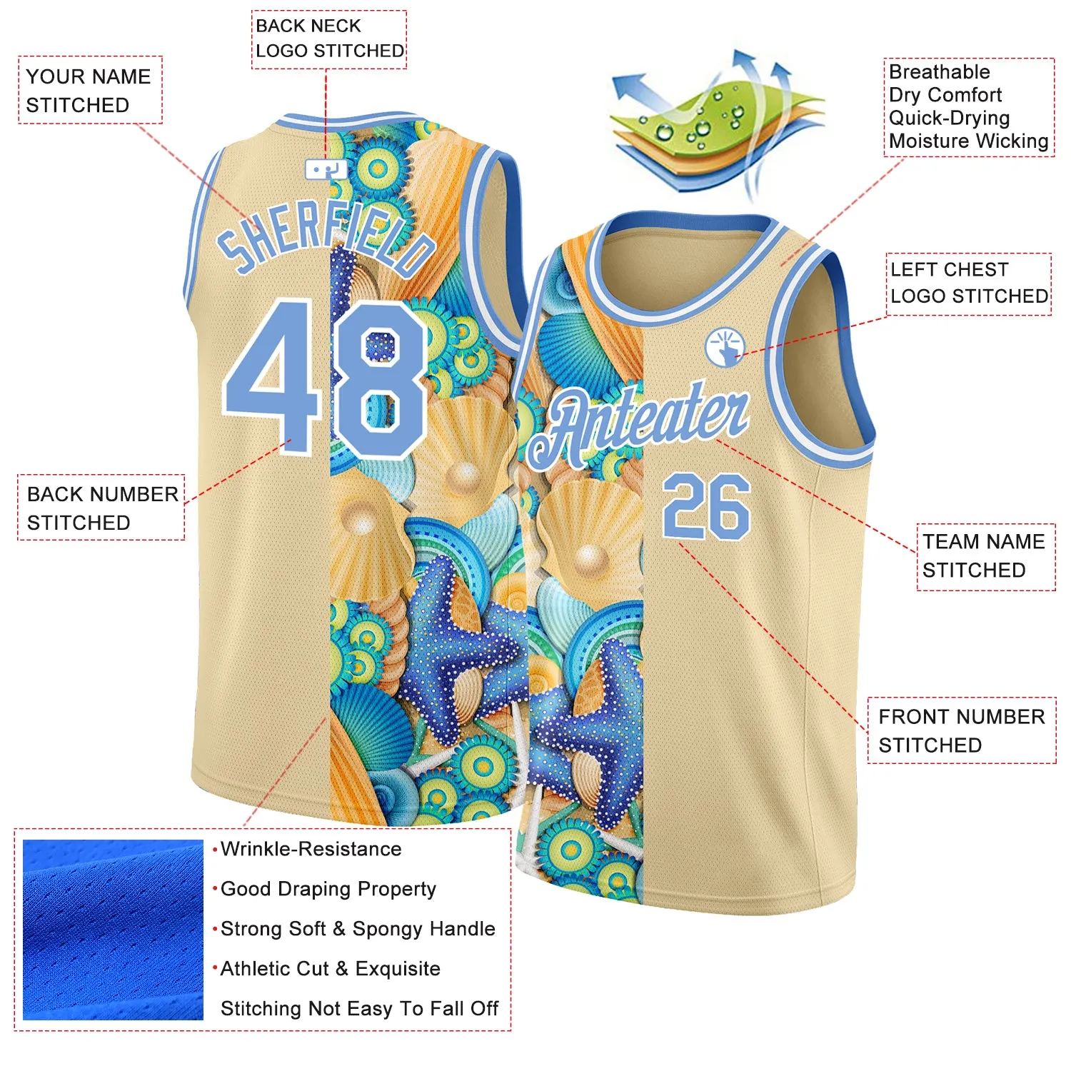 Custom City Cream Light Blue-White 3D Pattern Beach Seashells And Starfishes Authentic Basketball Jersey