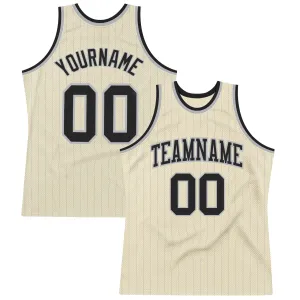 Custom Cream Gray Pinstripe Black Authentic Basketball Jersey